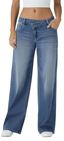 Pantalones de mezclilla de cintura alta y pierna recta para mujer, asimétricos, con botón, cremallera, ajuste holgado, pierna ancha, estilo urbano