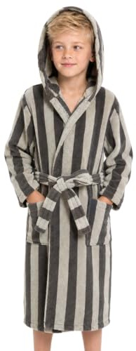 JiAmy Kids Dressing Gown Striped Soft Fleece Bathrobe 4-14 Years | Soft Cosy Plush Warm Absorbent Hooded Bath Robe Gift for Boys Girls