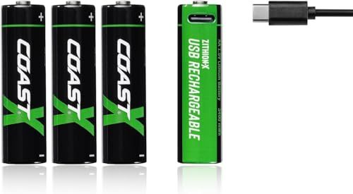 Coast AA 1,5V USB-C Akkus, ZITHION-X, Lithium-Ionen 2400 mAh, Lädt in 2,5 Stunden, Langlebig, Ladekabel Inklusive, 4er-Pack