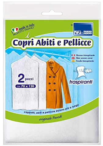 PARODI & PARODI - Copri Abiti e Pellicce da Armadio, Copriabiti Antipolvere Trasparenti e Traspiranti per Appendibiti, Ideali per Vestiti, Pellicce, Cappotti e Giacche, 70x120cm, Set 2 Pezzi
