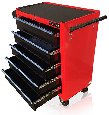 us pro tools TOOL CHEST TOOL BOX ROLLER TOOL CABINET RED WITH BLACK DRAWERS