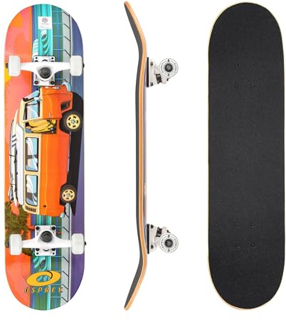Osprey Volkswagen Professional Skateboard for Beginners - 31 Inch Double Kick Concave Adult Skateboard with ABEC 7 Bearings – 100KG Max User Weight– Official VW Designs