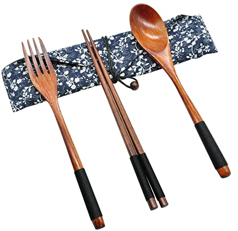 SwirlColor Set di posate legno, stile giapponese, stoviglie in stile vintage, con sacchetto, utensili per sushi, per cucina/casa/ufficio/campeggio/picnic, bacchette, cucchiaio da forchetta, 3 pezzi