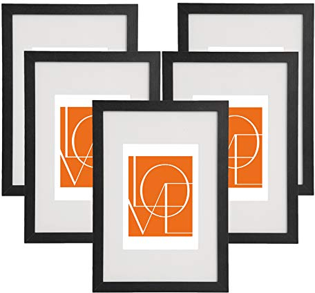 WOLTU Bilderrahmen 21x29,7 cm A4, Fotorahmen zum vertikalen oder horizontalen Aufhängen/Aufstellen, Holzrahmen mit Passepartout, Set of 5 Posterrahmen Collage Wanddeko, Schwarz