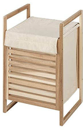 WENKO Coffre à linge Acina, panier à linge de qualité supérieure en bois d'acacia naturel et écologique certifié FSC®, avec sac à linge amovible et couvercle, capacité de 40 litres, 40 x 60 x 35 cm
