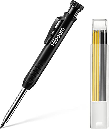 Hiboom Solider Tischler Bleistift Set für Konstruktion mit 7 Ersatzmine Eingebauter Anspitzer, Langnasiger Tiefes Loch Mechanischer Bleistift Marker Markierung Werkzeug für Architekt (Schwarz)