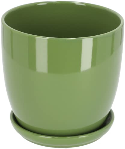 KOTARBAU® Macetero con Plato de Ceramica esmaltada, 15 cm, Maceta para Interiores y Exteriores, Tiesto Decorativo para Plantas, Verde, con Plato y Orificio de Drenaje