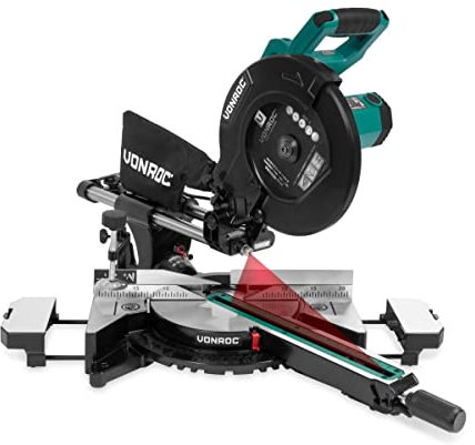 VONROC Scie à Onglet Coulissante 2200W - Lame de Scie Ø 255 mm 48 Dents - Laser, LED, 2 Rallonges de Table Inclus - Scie Multi-Matériaux Coupe De Bois, Aluminium - Vitesse Réglable 3200,4500 tr/min