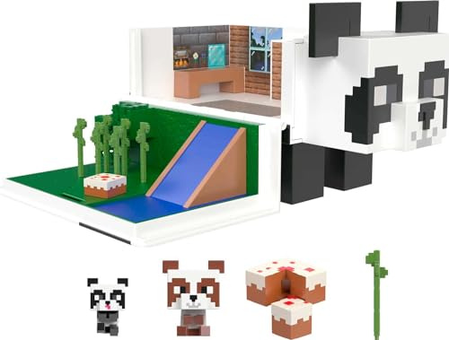 Mattel Minecraft Mob Head Minis Casa de juegos panda Set de juego para figuras de acción pequeñas, juguete +6 años (HLL25)