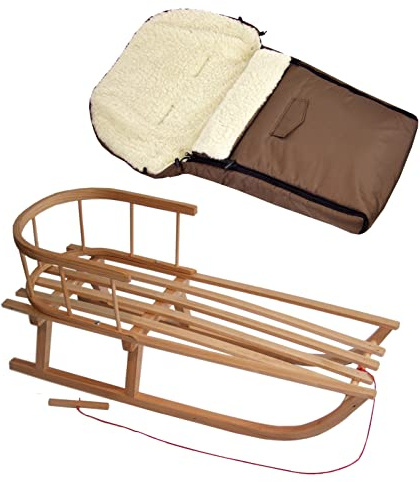Kombierbjudande träsläde med ryggstöd och dragrep + universell vinteråksäck (90 cm), även lämplig för babystol, barnvagn, buggy, lammull, uni (brun + släde)