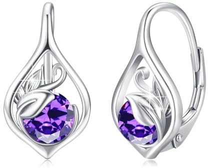Februar Geburtsstein Ohrringe 925 Sterling Silber Ranke Leverback Ohrringe für Frauen Geburtsstein Creolen Schmuck für Frauen (Amethyst)