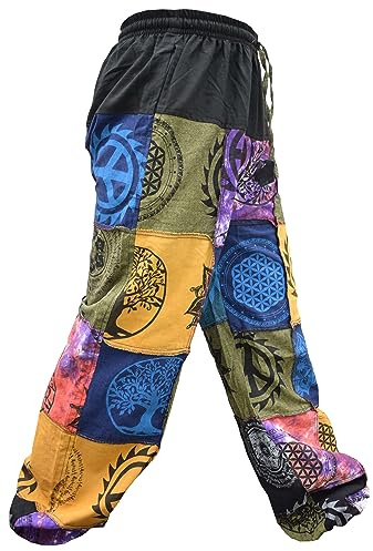 Gheri Pantalon de yoga parachute en coton pour homme Motif patchwork tie dye peace genie, Multicolore, Small-Medium