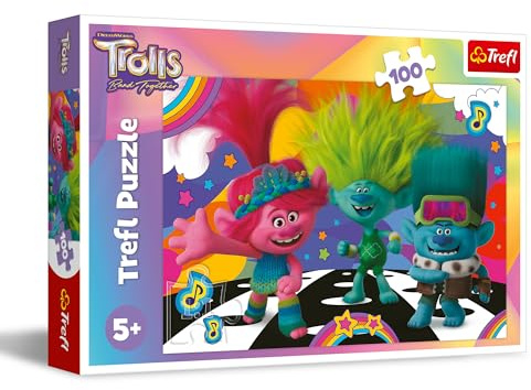 Trefl – Trolls Band Together, Trolles Amusants – Puzzle 100 Pièces – Puzzle Colorés avec des Personnages de Bande Dessinée, Divertissement Créatif, Loisir pour Les Enfants à partir de 5 Ans