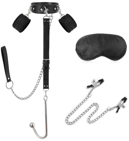 Sex Lit SM Kits de Bondage Menottes, Retenue du Cou au Poignet avec Chaîne Traction, Menottes Sexe & Masque Pour Les Yeux & Plug anal & Pinces à tétons, Jeux Sexuelle Adulte Couple Sextoys