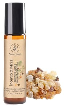 AROMA BANO Roll On Olio Essenziale Incenso e Mirra Diluito in Olio di Jojoba 10ml – 100% Naturale – Roll-On Aromaterapia Pronto all’Uso per Relax e Benessere