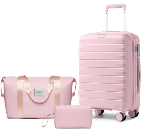 LARVENDER Luggage Sets 3 Piece with Duffel Bag Hardside PP Carry On Suitcase with 360° Spinner Wheels TSA Lock Luggage Sets for Women, Orchid Pink