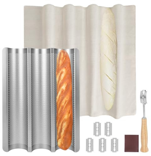 Barlket Baguette Bread Pan, Perforated Baguette Pan, Nonstick 3 Loaves French Bread Baking Pan with Proofing Cloth, Dough Cutter Kit for Home Baker, Baguette Tray, 15x11 Inch Silver Bread Pan