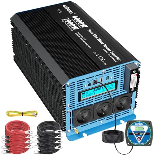 GIANDEL 4000W Convertisseur 12V 220V Pur Sinus 7900W Puissance de surtension Onduleur Onde sinusoïdale Pure Écran LCD Tension d'entrée Réglable pour la Maison, RV, Camion, Hors réseau Solaire
