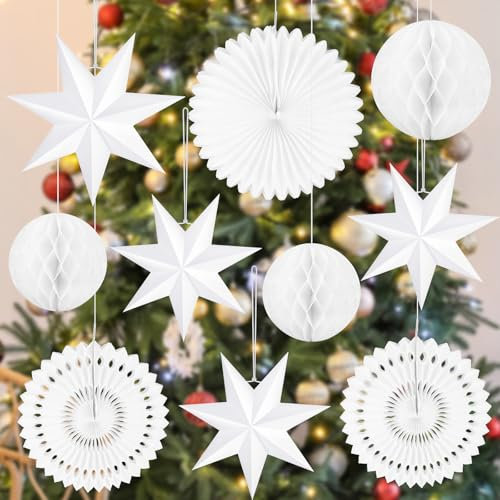 PLULON 10 confezioni decorazioni natalizie a forma stella a 9 punte lanterne sospese decorazioni forma fiocco neve in carta bianca palline nido ape matrimoni compleanni baby shower feste decorazioni