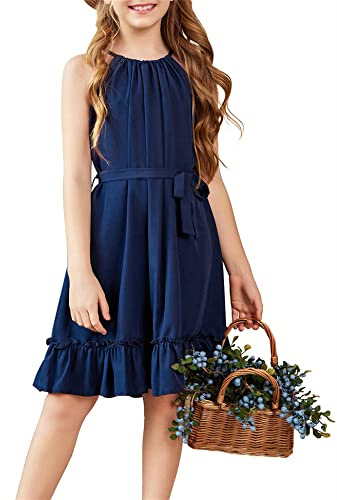 Arshiner Vestido Verano Niña Noche Cuello Halter Vestidos Liso Dobladillo Volantes Fiesta Vestidos Festivos Niños Vestido Azul Marino Ropa con Cinturón 11-12 Años