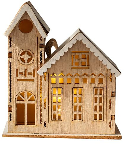 Weihnachtsdorf mit Beleuchtung, LED Weihnachtsdeko Holz Weihnachtsdorf Häuser mit LED Licht, Hängend Weihnachtshäuser Deko Holzhaus Winterhaus Beleuchtet Weihnachtshaus für Weihnachtsbaum Deko (A)