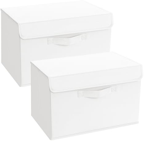 DIMJ Scatole per Armadio - Scatole Portaoggetti Contenitori con Coperchio Pieghevole, Scatola Porta Oggetti con Manici, Non Tessuto, per Armadio, Scaffali, 2 Pezzi, Bianco, 38 x 25 x 25 cm