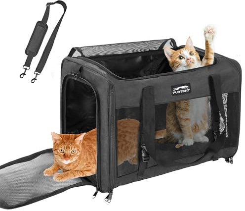 Pet Carrier for Large Cats 25 lbs, Mesh Pets Travel Carriers for Puppy Two Small Cats Rabbits with Shoulder Strap & Removable Mat, Portable Collapsible Puppy Crate Indoor and Outdoor, Black