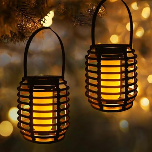 Lanterne Solaire,2 Pièces Lampe Solaire Exterieur 11x10cm,Lumiere Solaire Exterieur,Lampes Solaires à Suspendre,Lampe de Table Solaire Exterieur,Lanterne en Rotin,pour l'Extérieur