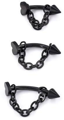 ALACLO 3 Pcs 316L Stainless Steel 16G Tragus Helix Rook Piercing Jewelry with Chain, Cartilage Earrings for Women, Belly Button Ring Vertical Labret Lip Piercing Jewelry Cone Heart Top (Black)