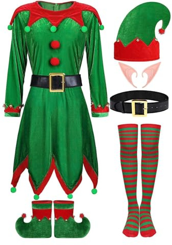 Generico 6-piece costume elfo di festa delle donne vestito di velluto Carnevale di Natale gioco di ruolo elfo scarpe scarpe ear strap calzini,costume da elfo verde natalizio per Festa di Natale