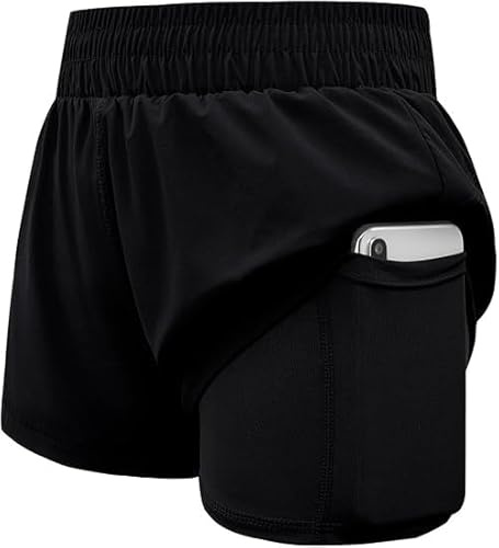 Haloumoning - Short pour filles, Short sport 2-en-1, Short court d'été pour la course avec poches, Short de course et de vélo uni pour enfants, Pantalon de sport, 5-14 ans, noir, 9-10 Years
