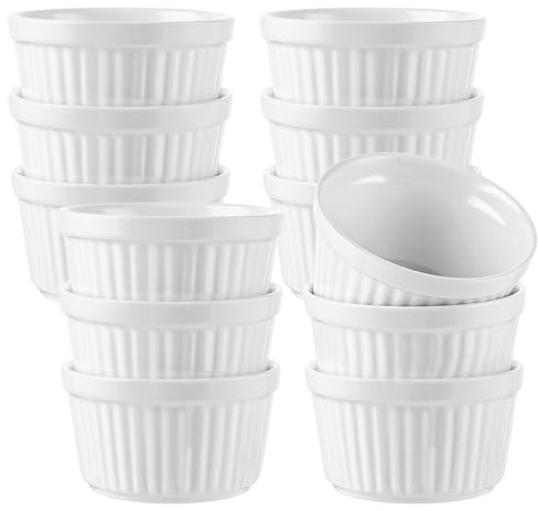 LDXDRU Juego de 12 moldes para souffle, aptos para horno, 200 ml, color crema Brulee, juego de cuencos de cerámica para hornear y servir, mini moldes de porcelana para postres, magdalenas, pasteles