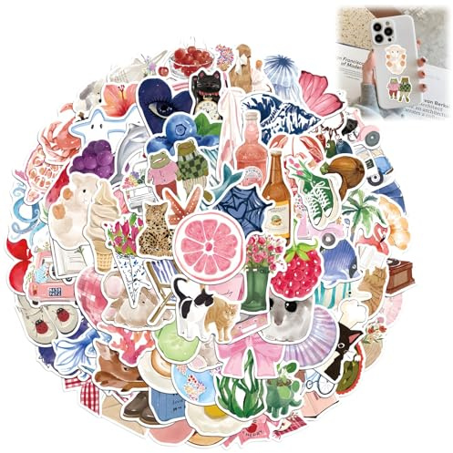 100 Pack Aesthetic Doodle Stickers, Cute Cartoon Watercolour Designs Sticker, Waterproof Vinyl Decals for Water Bottle, Laptop, Journal, Suitcase, Unique Gift Ideas for Girls, Adolescents, Adults