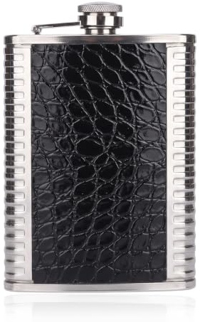 Fiaschetta Tascabile per Liquori in Acciaio Inox, 8 oz (236ml), Rivestimento in Pelle Nera, Bottiglia Portatile per Whisky e Alcol, Design Elegante e Sottile per Uomo
