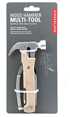 Kikkerland Martello multifunzione 10 in 1 – Mini strumento multiuso in acciaio inox con manico in legno di faggio. Multifunzione per casa, emergenza e sopravvivenza all'aperto