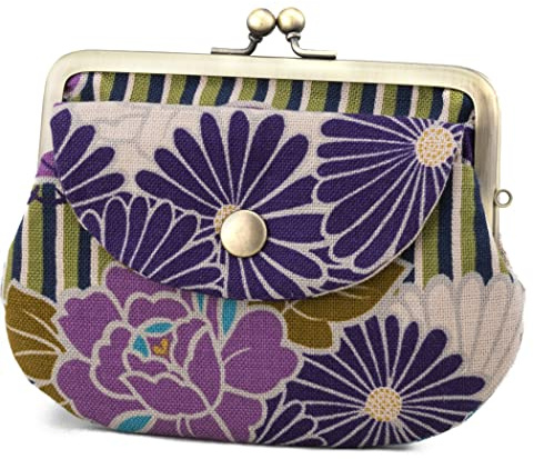 Cartera japonesa con clip para mujer y hombre (flor retro) fabricada en Japón, mini mediano y pequeño, monedero doble con bolsillo, Retro Flower Purple, Clip para billetes