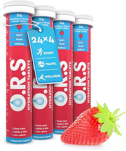 O.R.S Hydration Tablet with Electrolytes for Rehydration, Wellness, Travel, Sports & Recovery | Vegan, Gluten-Free & Low-Calorie Electrolyte Tablets with Natural Strawberry Flavour, 96 Tablets