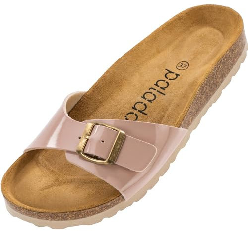 Palado Pantoletten Damen Malta Lack – gefertigt in Spanien – Glänzendes Obermaterial – EVA-Sohle – Veloursleder-Decksohle – Weichfußbett Rosa UK9,5 - EU43