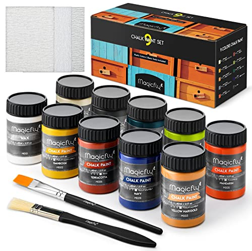 Magicfly 15 Pcs Chalk Furniture Paint Set, 9 Colors Ultra Matte Finish Acrylic Craft Paint Set (60 ml/2 oz) with Liquid Wax, 2 Brushes, 3 Sandpapers, Chalk Paint for Furniture, Crafts, Rustic Colors