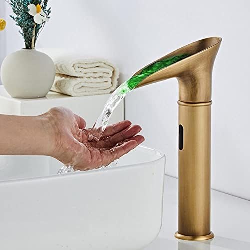 Retro Grifo con Sensor de Infrarrojos Frío y Caliente Grifo Cascada Lavabo Led Cambio de Color Grifo de Lavabo con Sensor-Antique_Alto