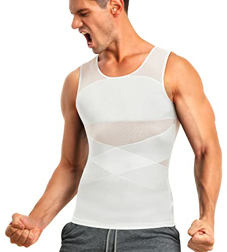 Junlan Compression Shirt for Men Slimming Body Shaper Tight Shapewear Waist Trainer Vest Workout Tank Tops (White Vest, S)
