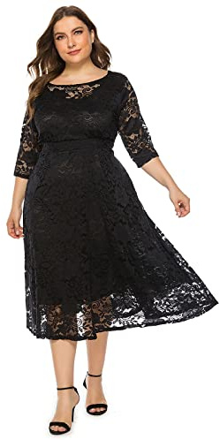 Odizli - Abito da donna elegante con maniche a tre quarti, in pizzo, per matrimonio, festivo, da cocktail, da sera, taglie grandi, Nero , XL