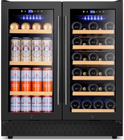 Tylza 30 Inch Wine and Beverage Refrigerator, Dual Zone Wine Beverage Cooler 30 with French Door, Under Counter Wine Beer Fridge Built-In or Freestanding, Holds 29 Bottles and 110 Cans, Black