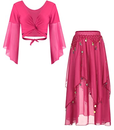 TiaoBug Dam magdans kostym topp och kjol trumpetärmar jacka knut topp skjortor blus chiffong danskjol med mynttofsar, ROSA, En Storlek