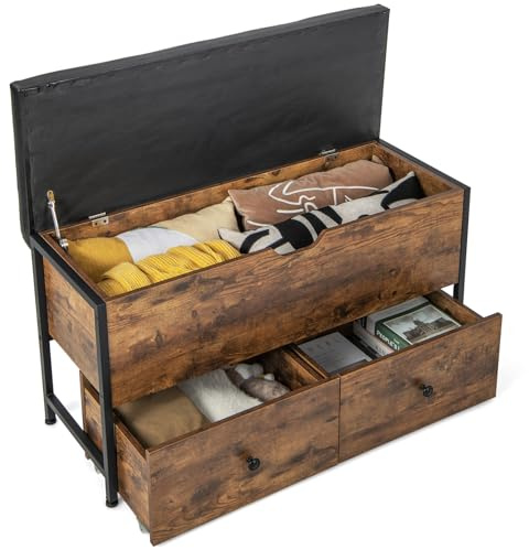 Multigot Storage Ottoman Bench, Faux Leather Padded Footstool Storage Chest with Flip Top, Seat Cushion, 2 Drawers and 8 Wheels, Wooden Bed End Stool Shoe Bench for Living Room Bedroom Hallway