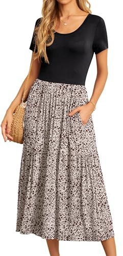 GRECERELLE Womens Summer Maxi Dress Casual Short Sleeve Crew Neck Swing Flowy Tiered Party Dresses with Pockets for Weddings, Holidays (Black + Floret Coffee, M)