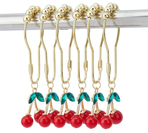SUPERFINDINGS 12 pezzi Anelli Decorativi per Doccia con Ciliegie Anelli per Tenda Da Doccia Dorati con Ciondoli di Ciliegie In Lega e Pietre Preziose Stile Frutta per Asta Da Doccia In Bagno