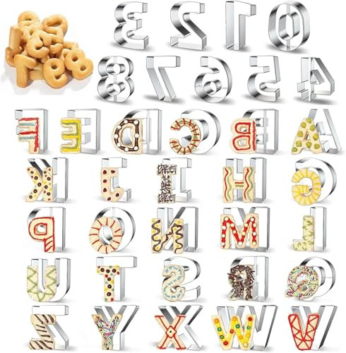 Emporte-pièces lettres en acier inoxydable, emporte-pièces lettres et chiffres, emporte-pièces en acier inoxydable, emporte-pièces, pour la décoration de biscuits de gâteaux de Pâques, 36 pièces.