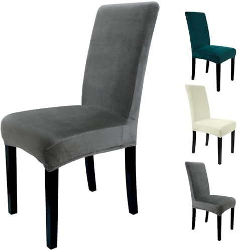 Zindoo Velvet Chair Covers for Dining Chairs 4, Stretch Dining Chair Slipcovers, Spandex High Back Chairs Cover Elastic Washable Removable Chair Protector, Set of 4, Dark Grey