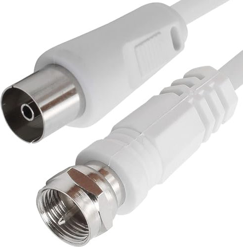 TECHZOCO Câble d'antenne-satellite, Câble TV Sat 75 Ohm, Connecteur RF coaxial femelle vers connecteur type F mâle, Sat Freesat Sky Virgin BT TV HDTV DVB DVD Radio/Coax, 70 dB, blanc, 1,50 m